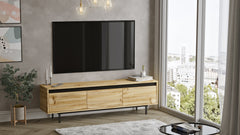 bois clair-Meuble TV MIRAGE 160cm contemporain sur pieds en acier noir avec finition bois nature