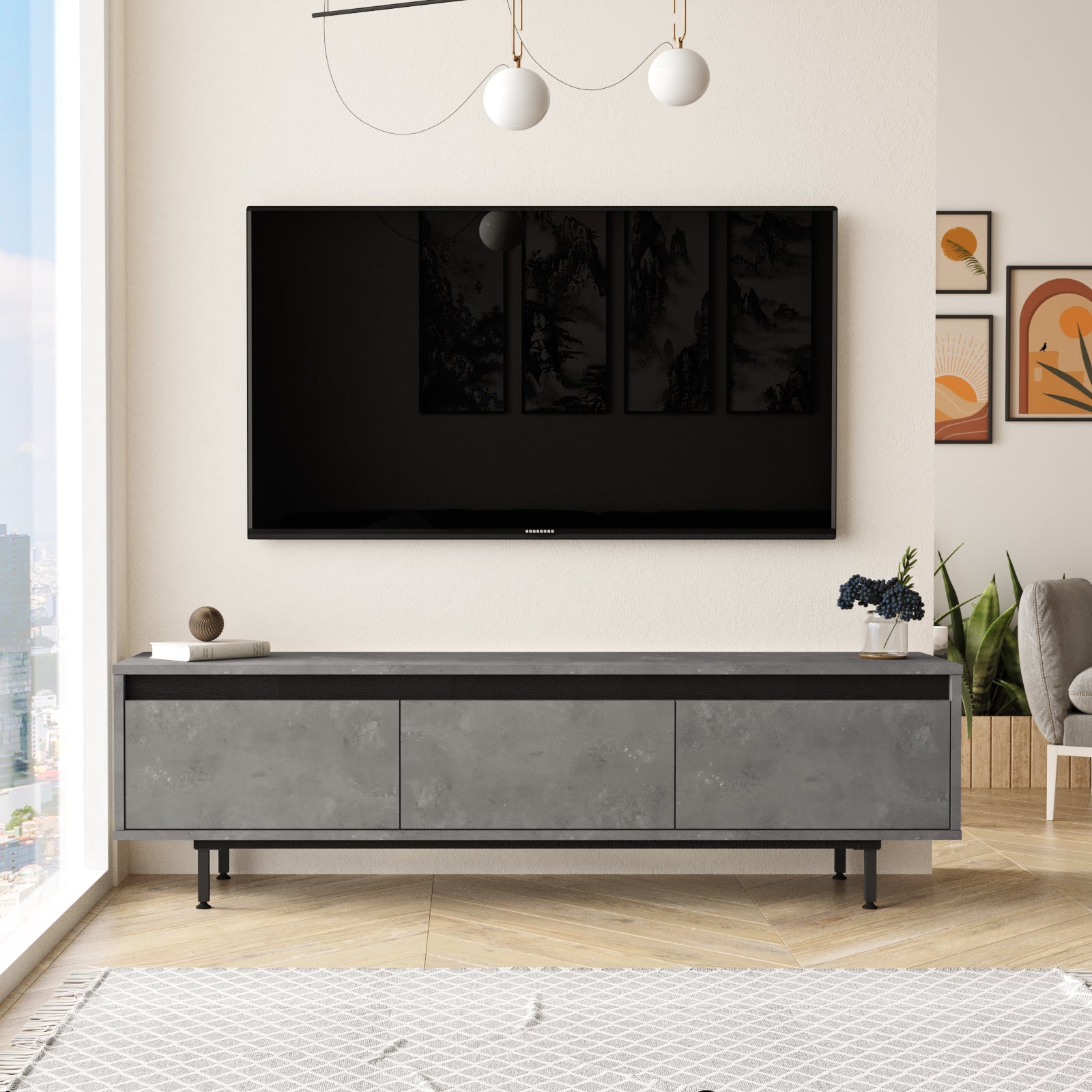 gris-Salon moderne accueillant le meuble TV MIRAGE 160cm- alliance de bois et de métal noir