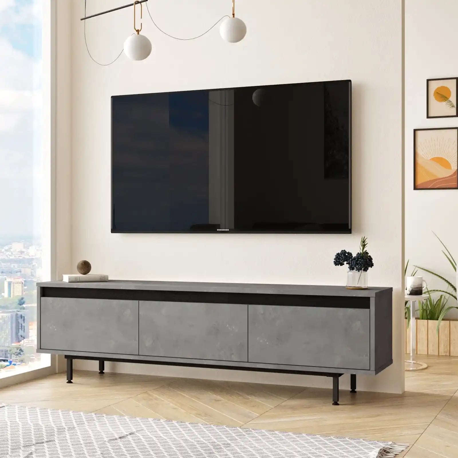 meuble-tv-mirage-gris-noir-design.jpg → Meuble TV moderne avec finition béton et acier noir - Style épuré