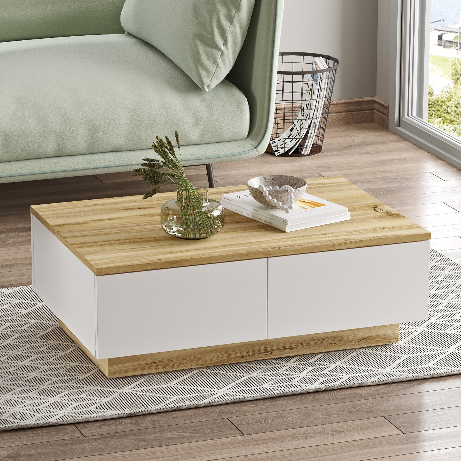 bois et blanc-Table basse ELYSEO avec rangements pratiques et surface spacieuse pour les moments conviviaux