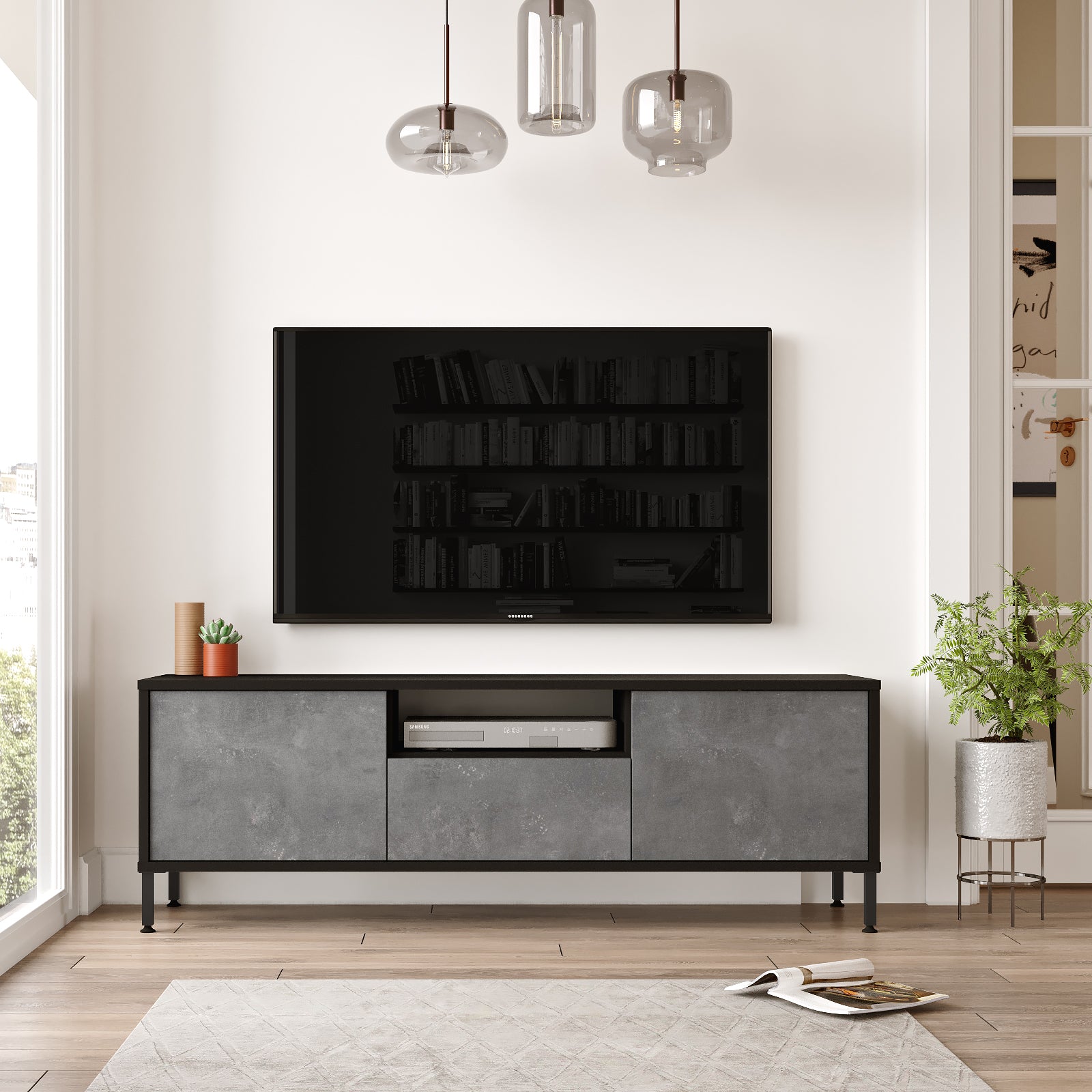 noir-gris-Meuble TV FOCUS avec rangements spacieux-idéal pour intégrer vos appareils multimédias avec style.
