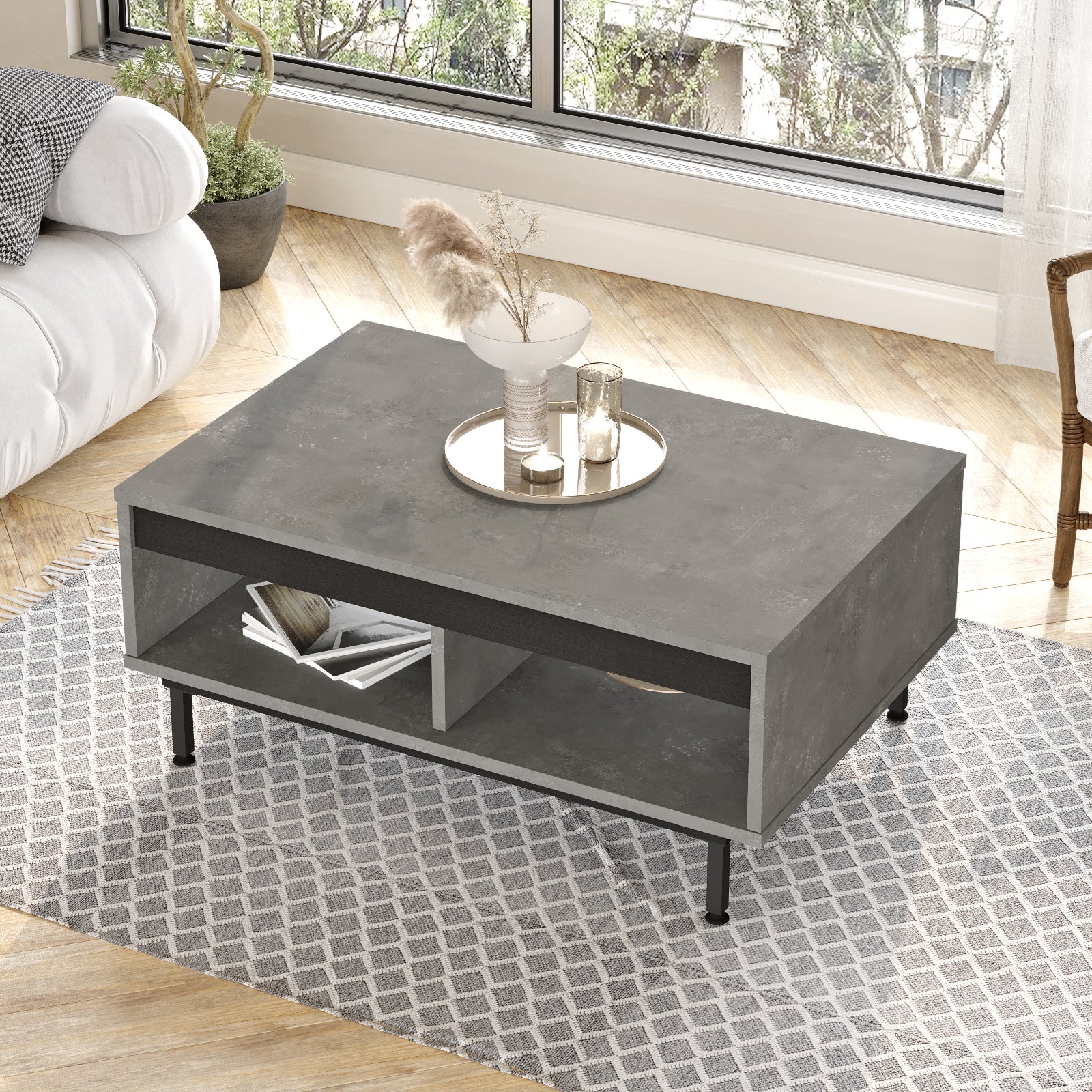 bois gris-Table basse 'DIONE' avec des accessoires de décoration-intégrée dans un salon lumineux et accueillant.