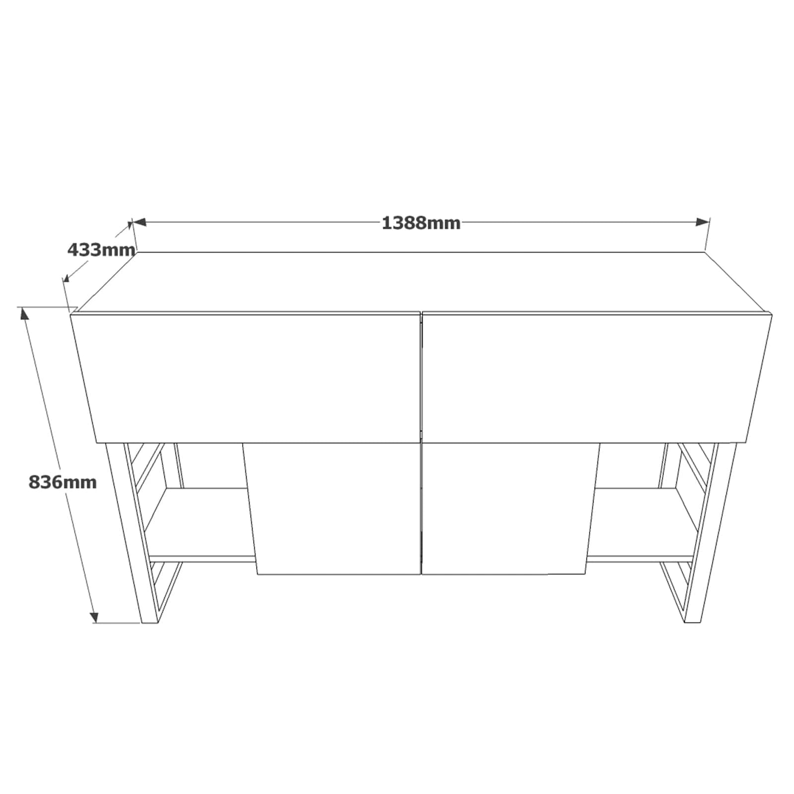 shéma technique Console entrée design 140 cm avec plateau bois clair et rangements. lebomeuble