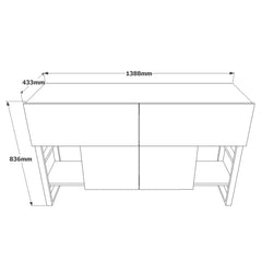 shéma technique Console entrée design 140 cm avec plateau bois clair et rangements. lebomeuble