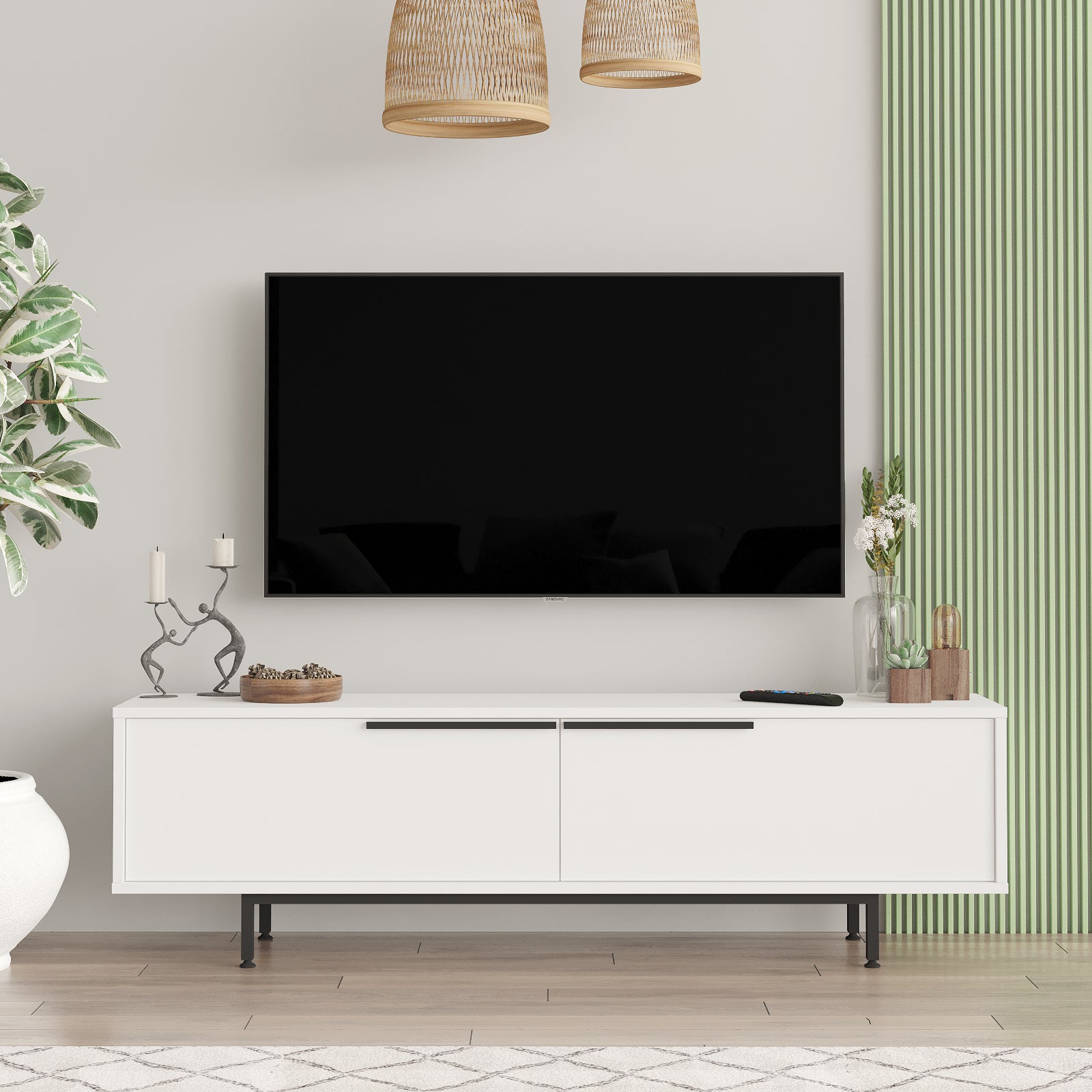 Blanc- Élégant meuble TV 'AURORA' présenté dans un intérieur lumineux.