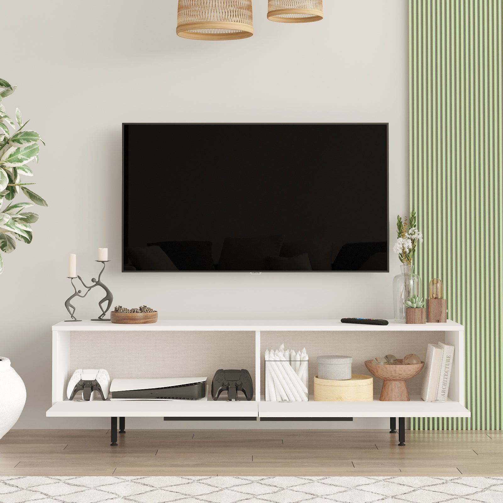 Blanc- Élégant meuble TV 'AURORA' présenté dans un intérieur lumineux.