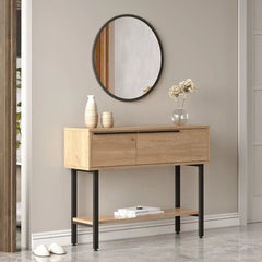 Meuble console bois clair avec miroir – 2 tiroirs, tablette basse, design contemporain