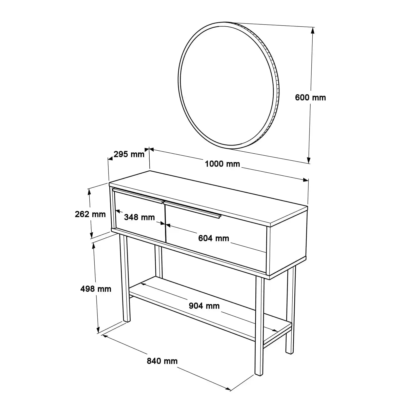 Dimensions console CYRIUS avec miroir – 100 cm de long, 2 tiroirs, hauteur 76 cm