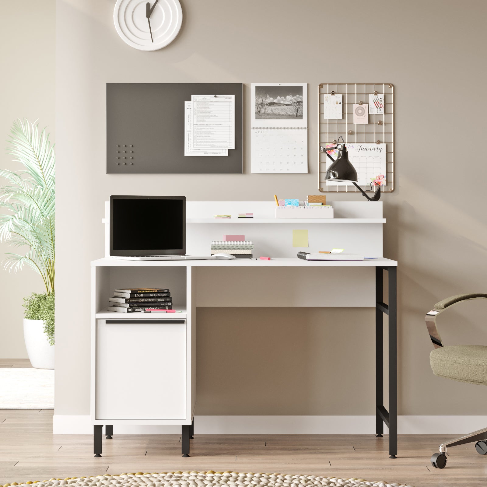 Bois blanc-Bureau CEDRIC idéal pour la maison ou le bureau avec un espace de rangement pratique-Lebomeuble