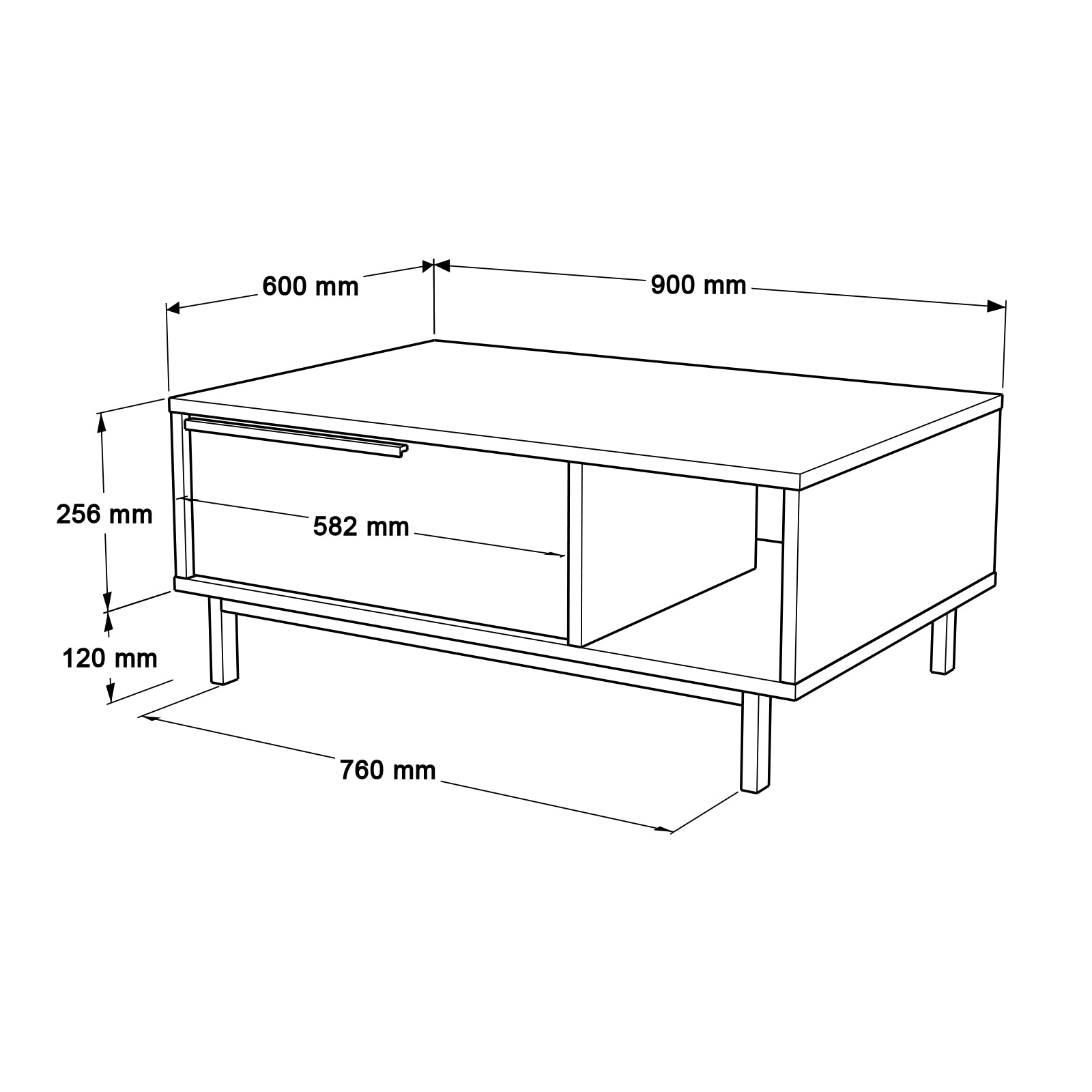 Vue latérale de la table basse CALYPSO mettant en avant l'espace de rangement et le design moderne