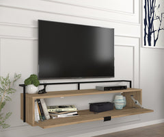Vue ouverte du meuble TV Penta suspendu 140cm avec cadre en acier noir