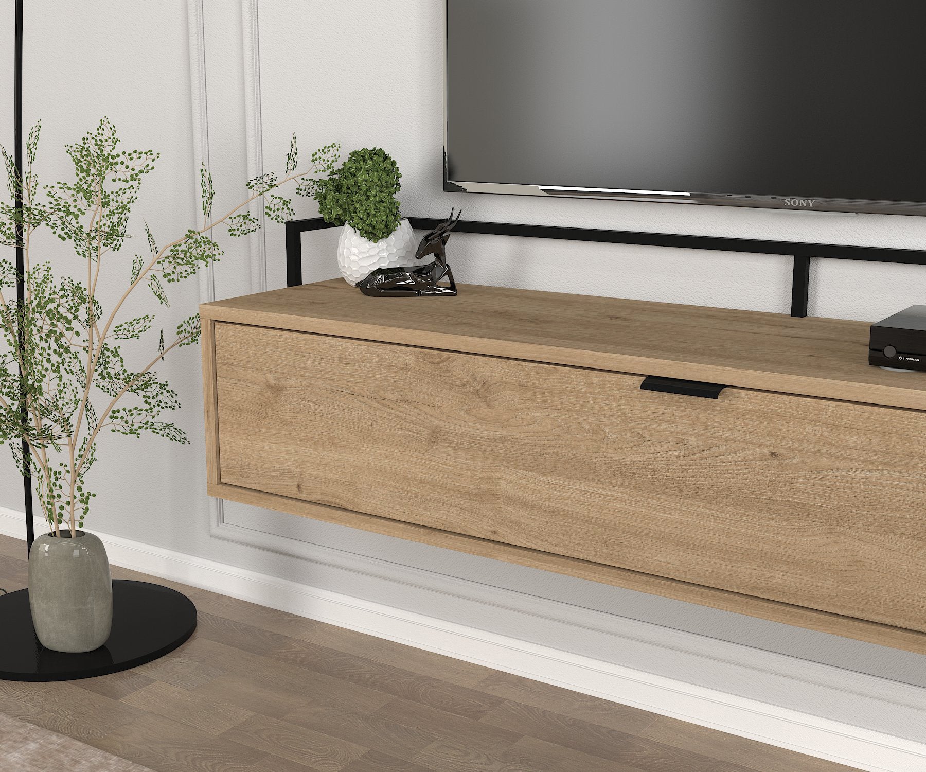 Détail fonctionnel meuble TV suspendu Penta avec rangement intégré