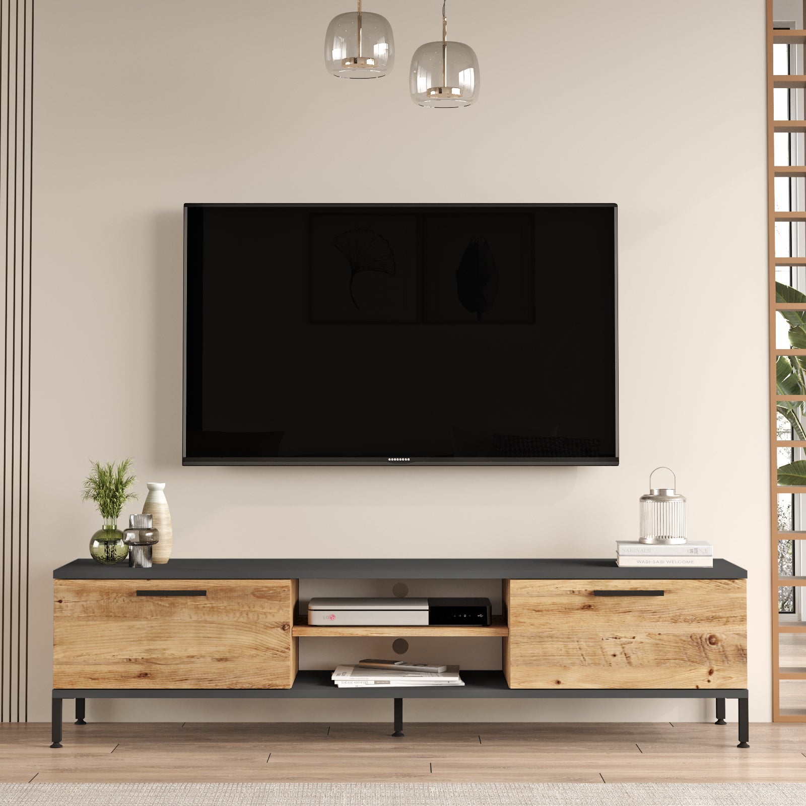 Vue avant du meuble TV NOVA en bois avec structure en acier noir