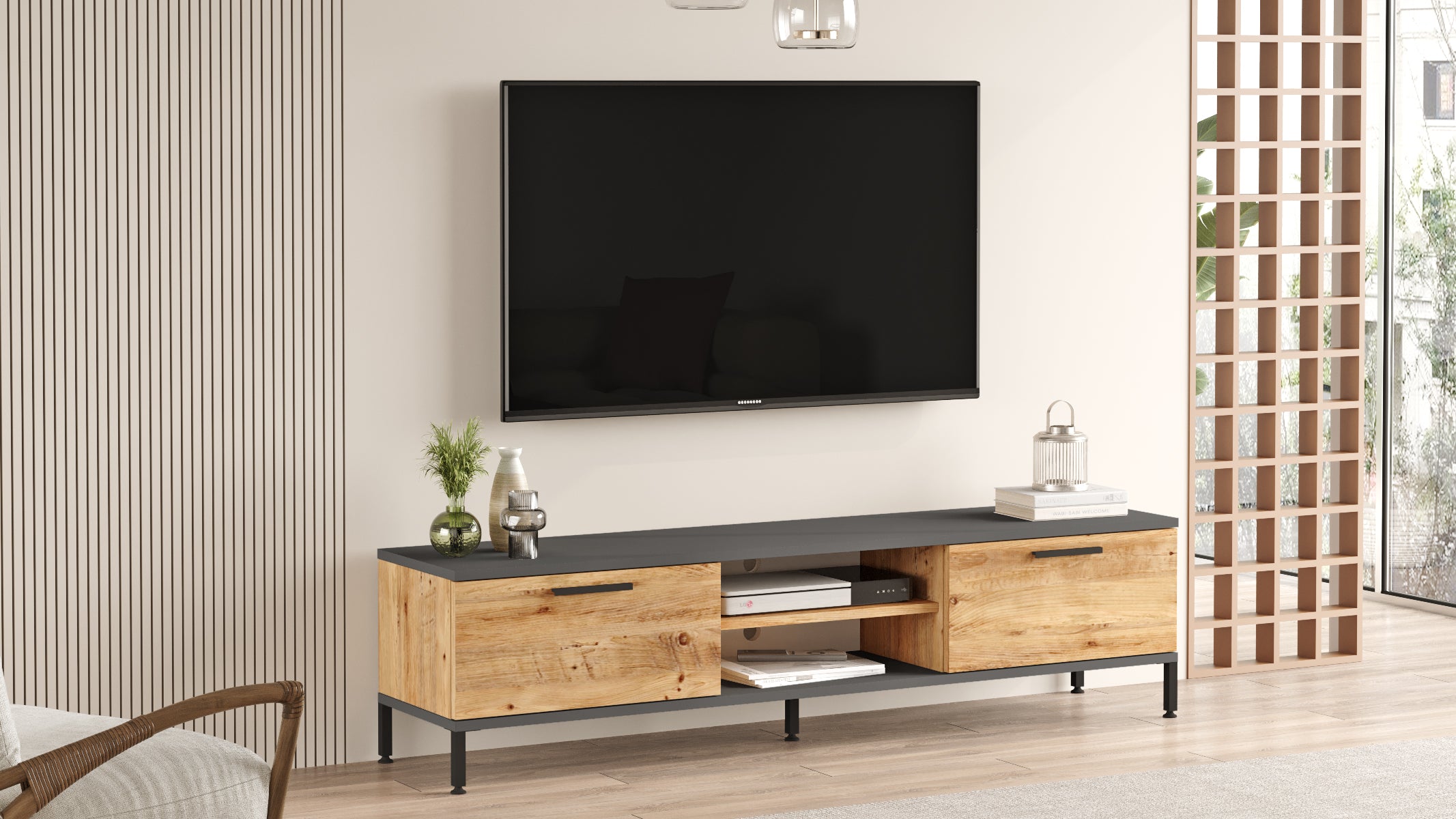 Design moderne du meuble TV NOVA avec rangements et plateau supérieur