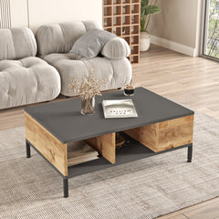 Table basse ANNA en acier noir et plateau gris dans un salon lumineux