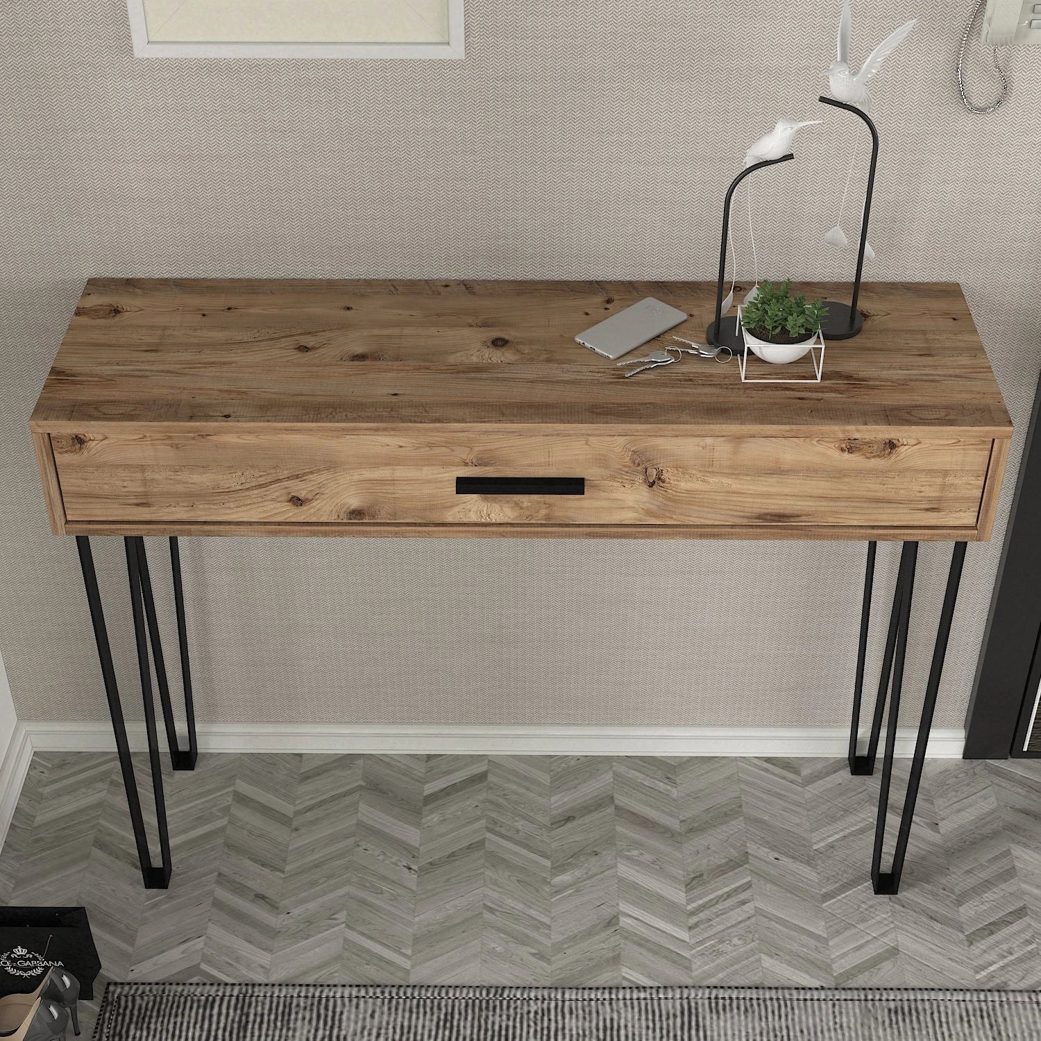 Console PRAGUE en bois foncé et métal noir avec tiroir - design industriel élégant pour entrée moderne