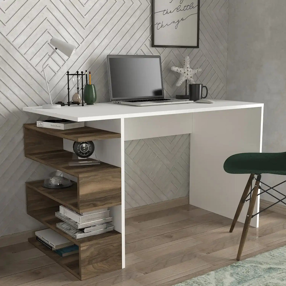 Bureau blanc bois avec étagères design moderne | LeBoMeuble