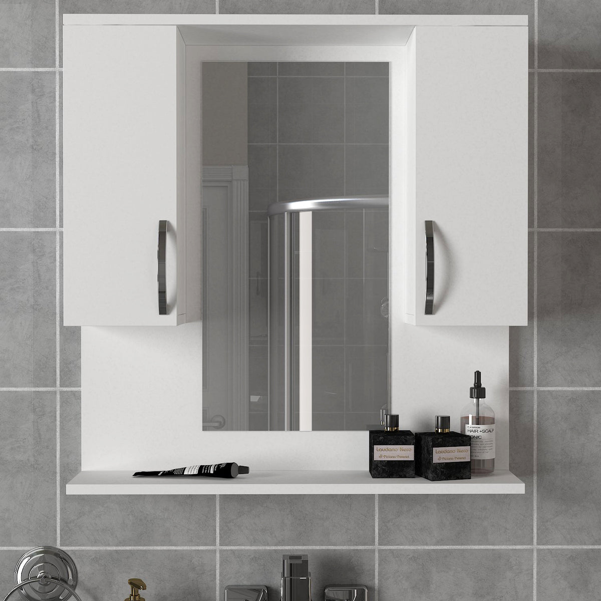 Meuble de salle de bain blanc MirroSpace avec miroir central - LeBoMeuble