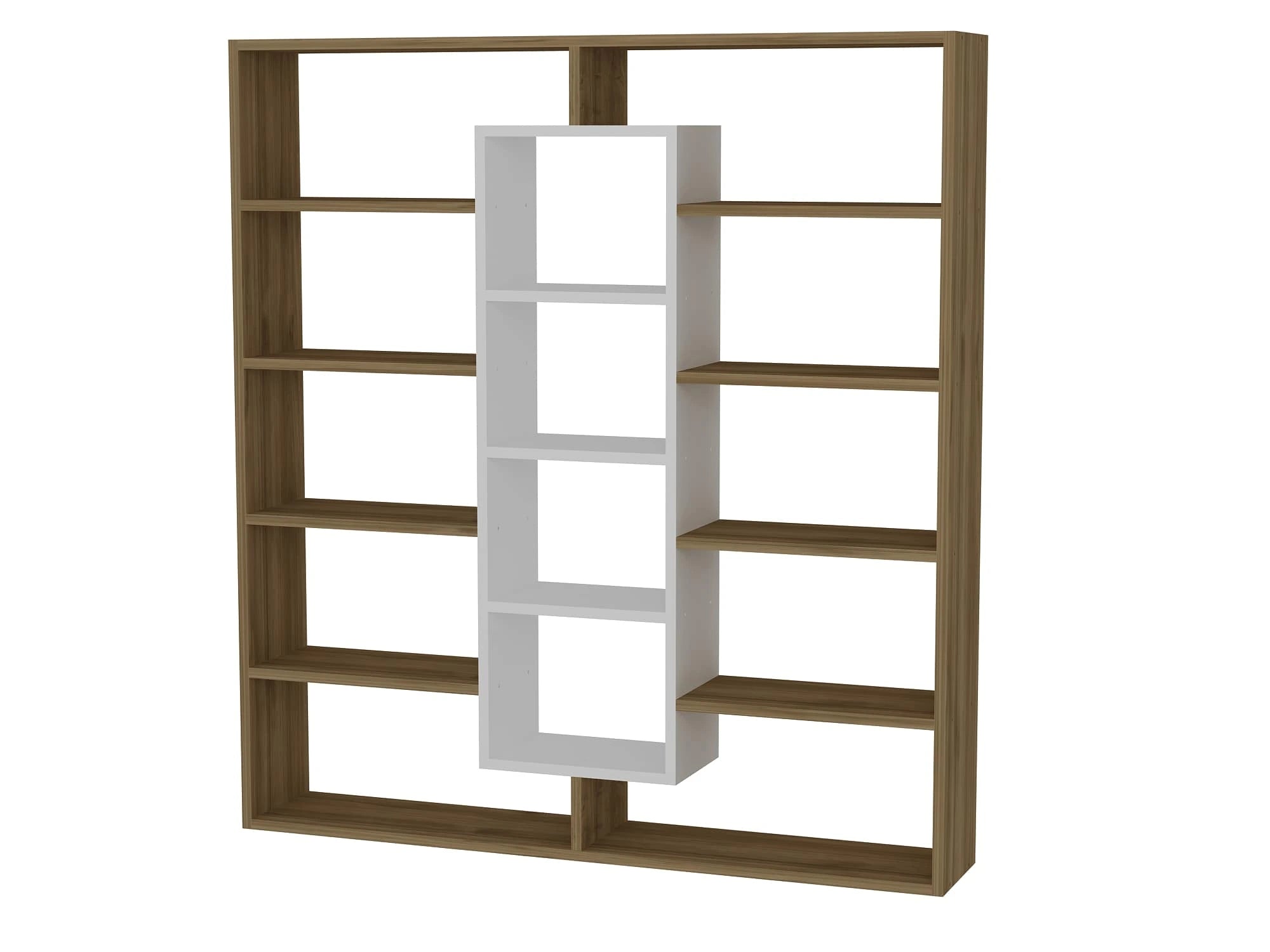 Bibliothèque moderne couleur bois et blanc, avec structure en bois naturel et niche centrale blanche, idéale pour un salon contemporain.