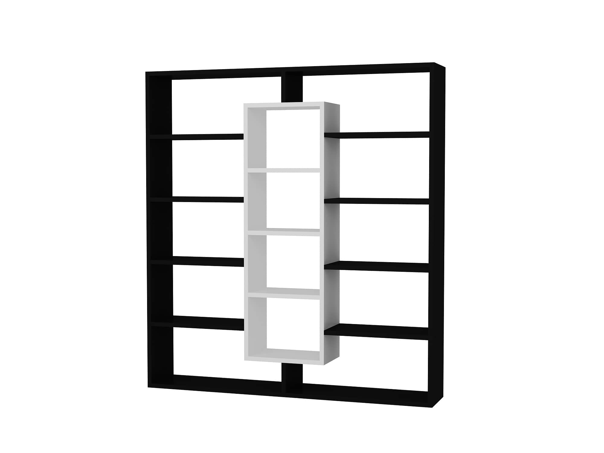 Bibliothèque moderne Bibliélégance noir et blanc en bois épais 18 mm, parfaite pour une décoration contemporaine, avec étagères asymétriques pour livres, déco et objets du quotidien.