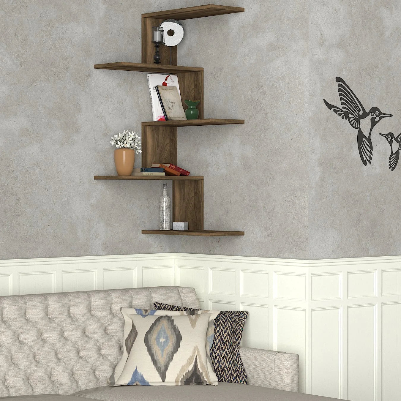 Étagère murale bois foncé 5 niveaux fixée au mur avec objets déco.