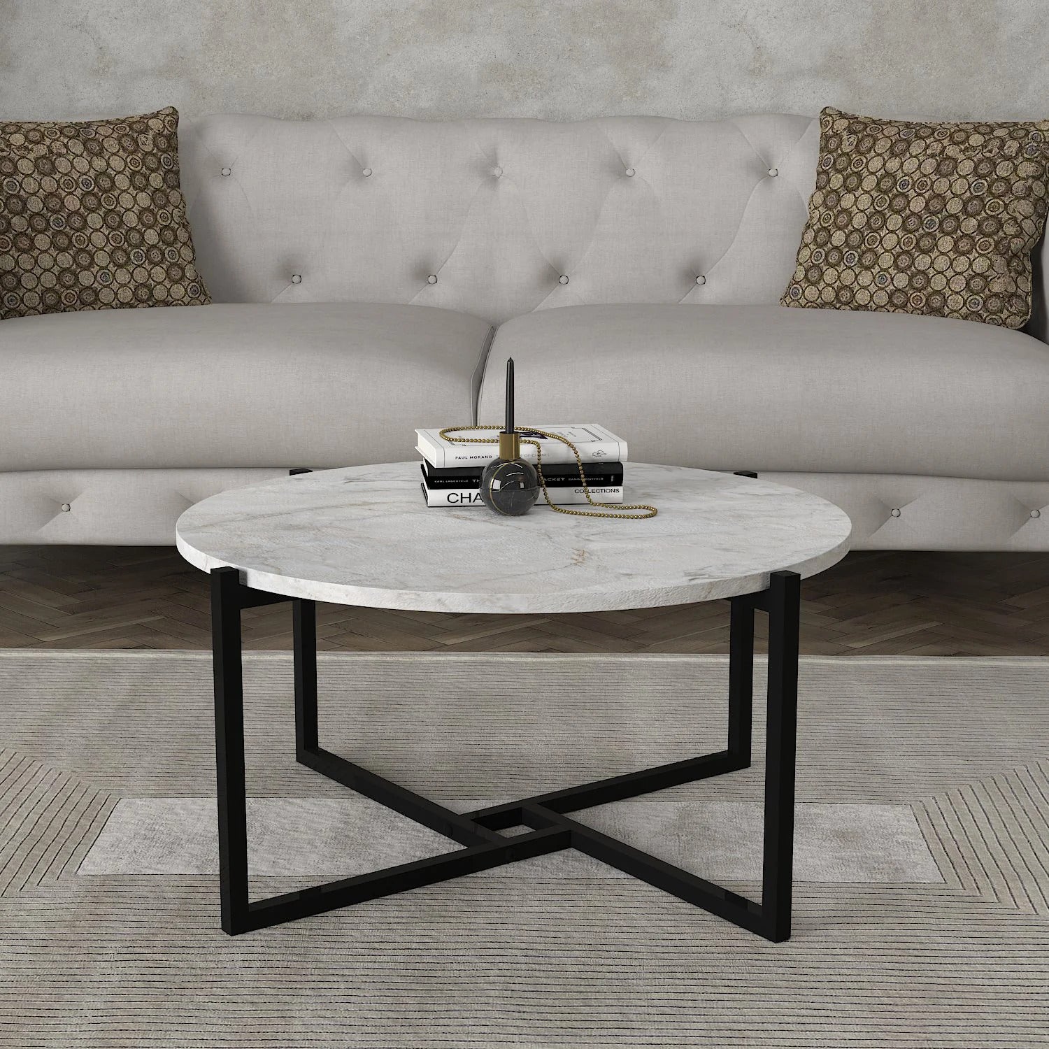 Marbre Blanc- Élégante table basse avec plateau en marbre blanc et structure en acier
