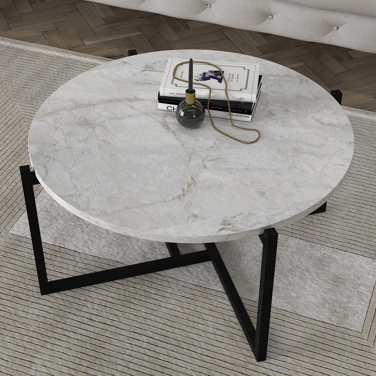 Marbre Blanc- Élégante table basse avec plateau en marbre blanc et structure en acier