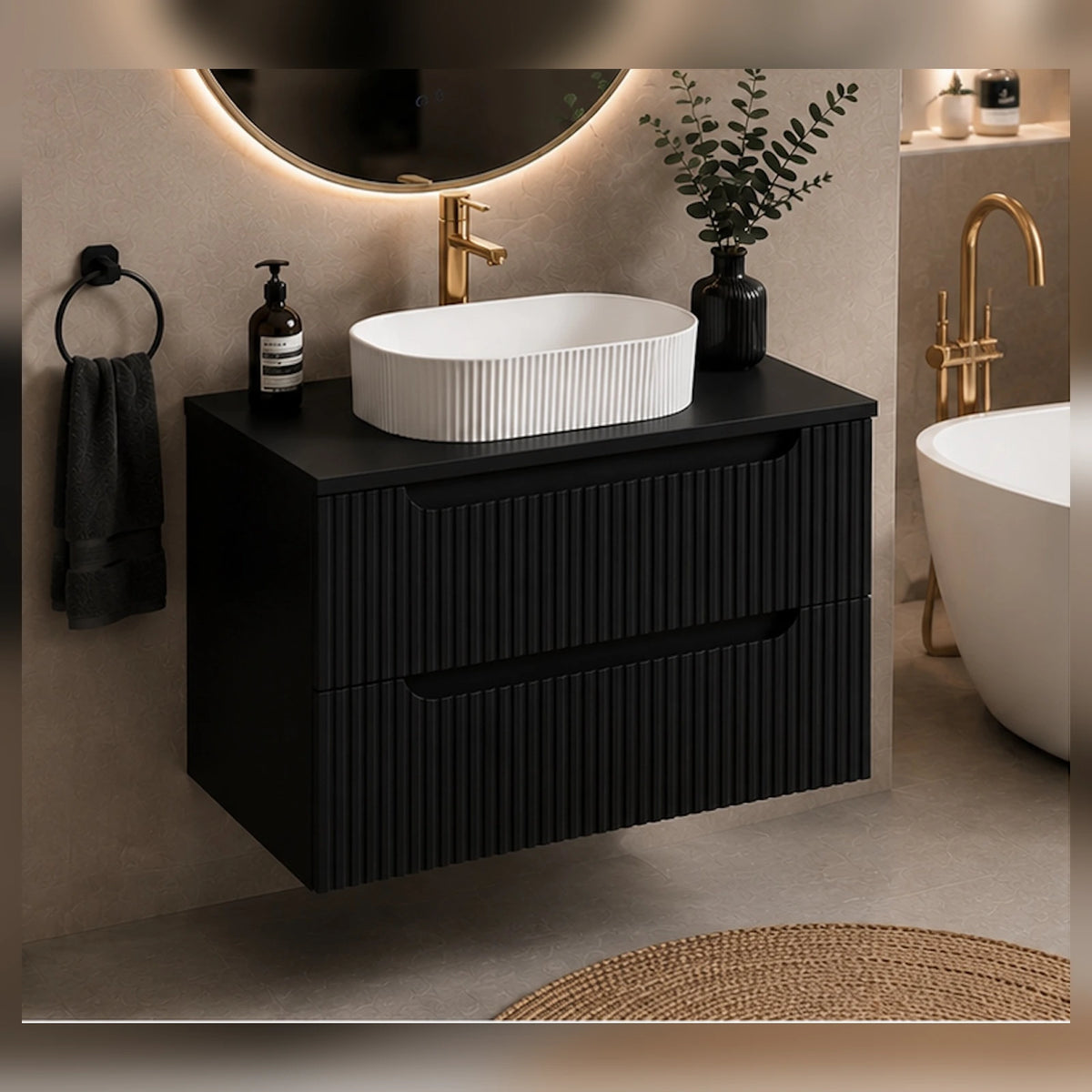 Meuble simple 80 cm avec vasque à poser et 2 tiroirs Nova noir