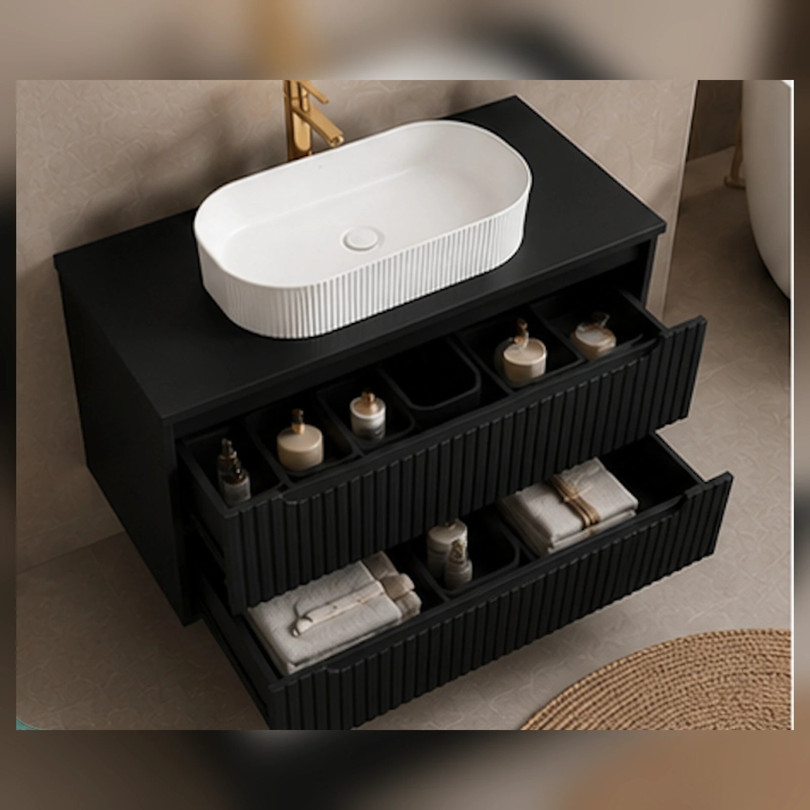 Meuble simple 80 cm avec vasque à poser et 2 tiroirs Nova noir