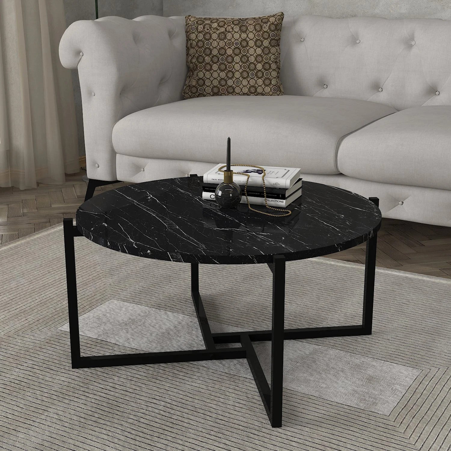 Marbre Noir- Table basse contemporaine en acier avec plateau en marbre noir
