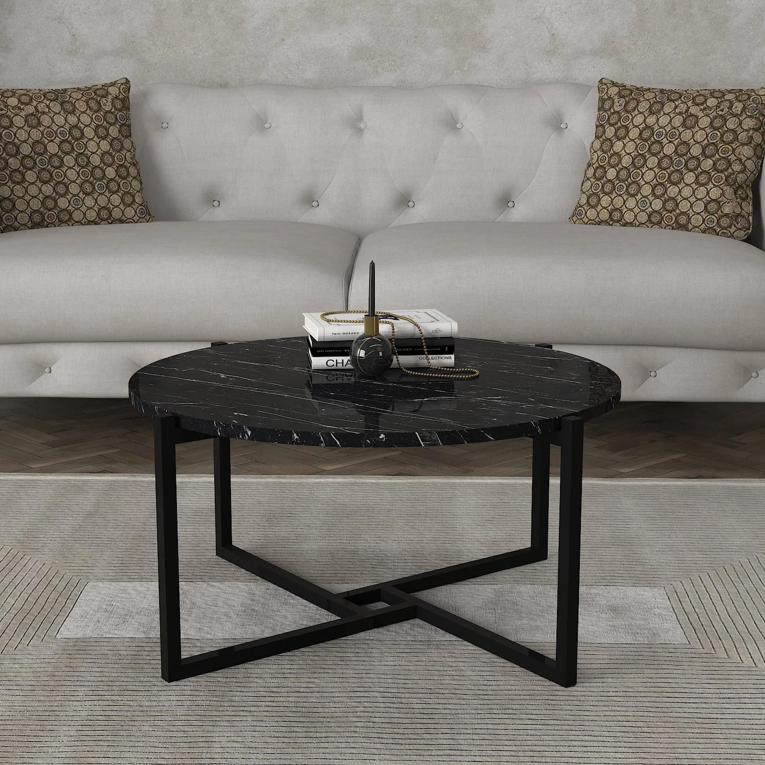 Marbre Noir- Table basse contemporaine en acier avec plateau en marbre noir