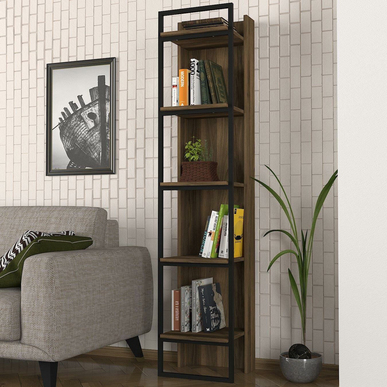 Bibliothèque en bois foncé et cadre en acier design pour salon moderne