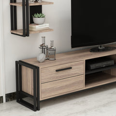 Détail du meuble TV 'MADRID' avec tiroirs et niches pour appareils électroniques