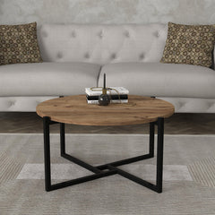 Bois- Table basse ronde en bois clair et acier dans un salon élégant