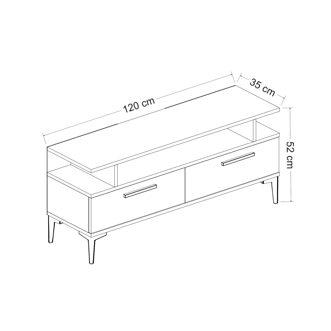 Schéma technique du meuble TV 'SEATLE' leBoMeuble avec dimensions précises 120x35x52 cm